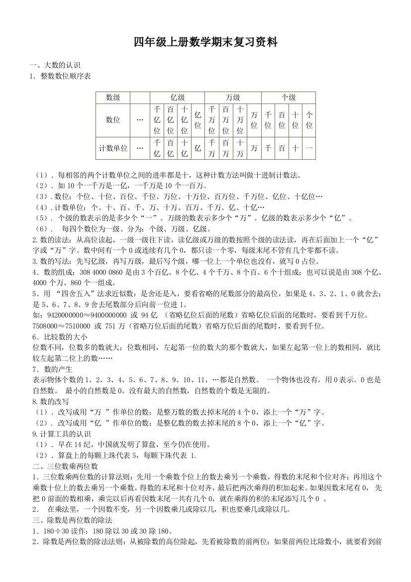 四年级数学复习资料