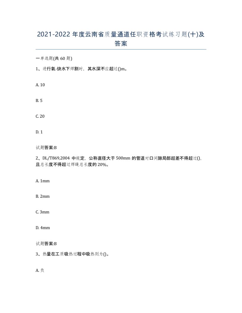 20212022年度云南省质量通道任职资格考试练习题十及答案