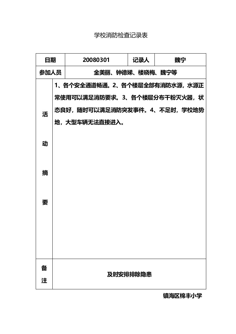 学校消防检查记录表