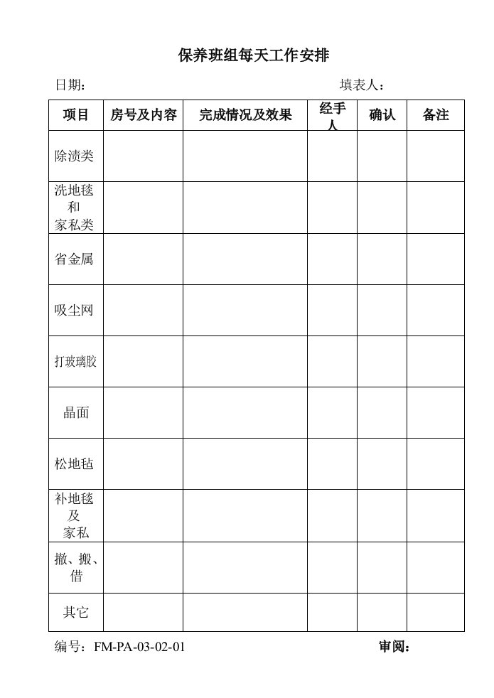 中层管理-保养班组每天工作安排