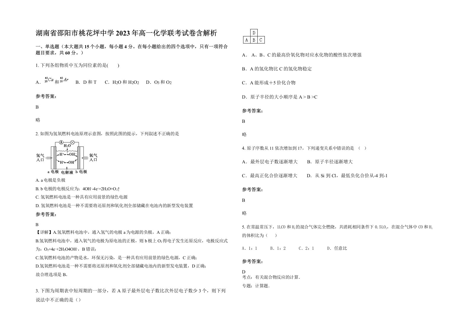 湖南省邵阳市桃花坪中学2023年高一化学联考试卷含解析