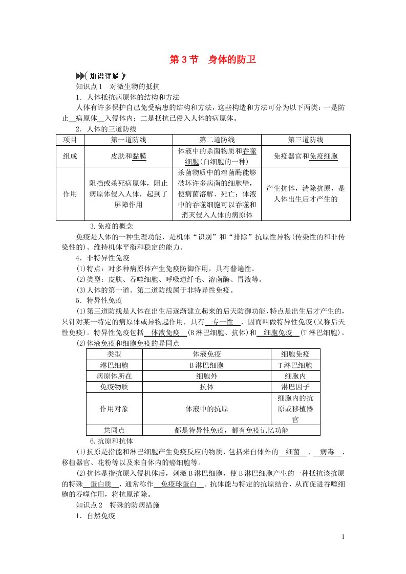 2022九年级科学下册第3章人的降3.3身体的防卫提优手册新版浙教版