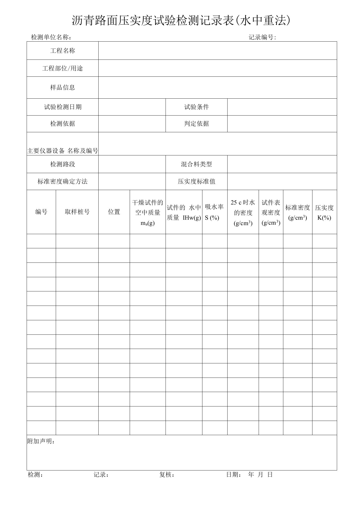 沥青路面压实度试验检测记录表(水中重法）