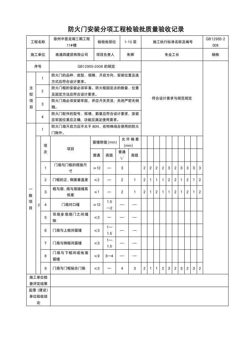 防火门安装分项工程检验批质量验收记录