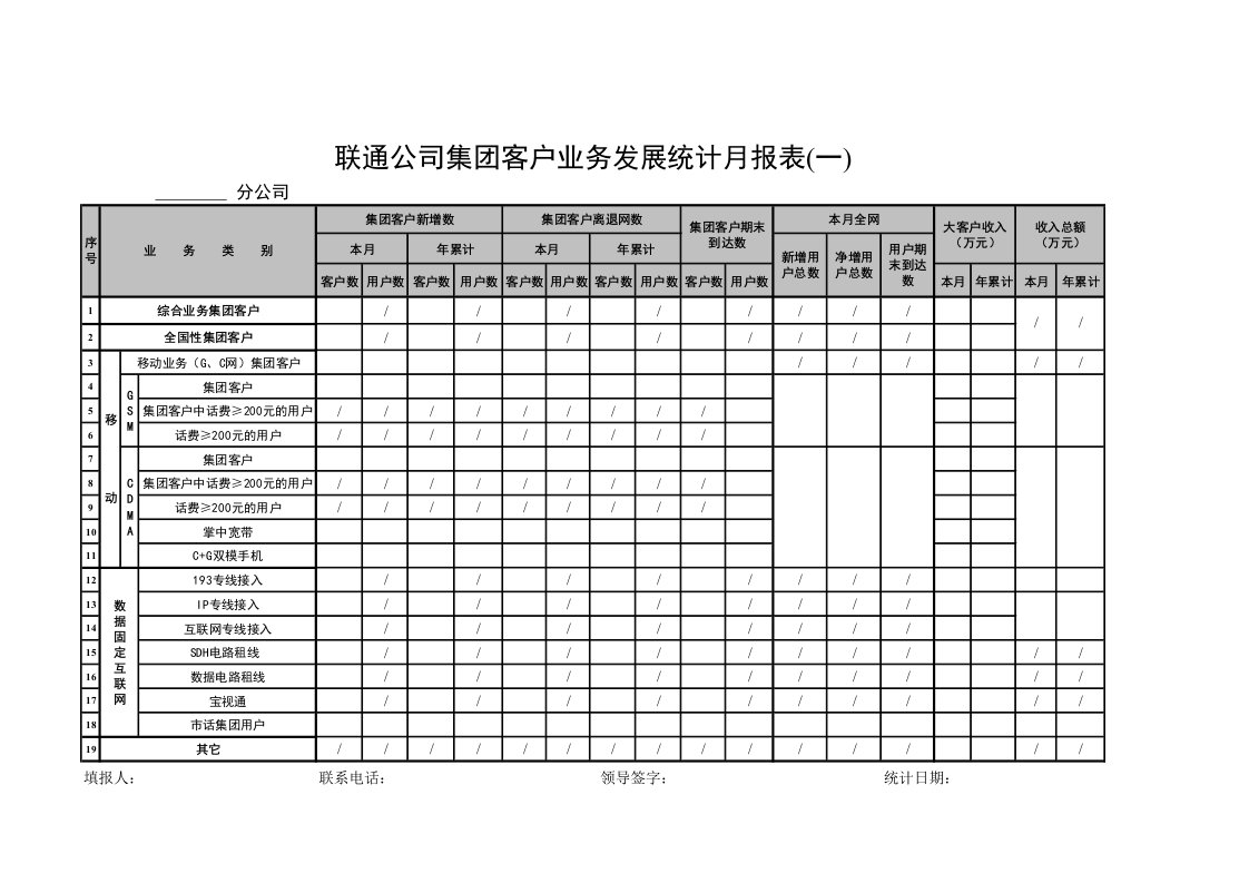 某通讯集团客户业务发展统计月报表（一）