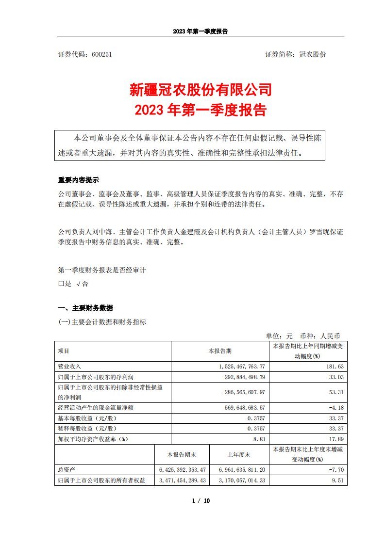 上交所-新疆冠农股份有限公司2023年第一季度报告-20230425