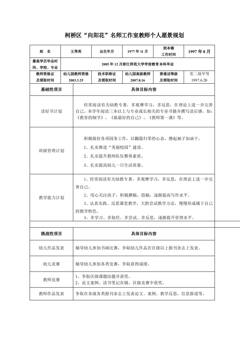 柯桥区“向阳花”名师工作室教师个人愿景规划