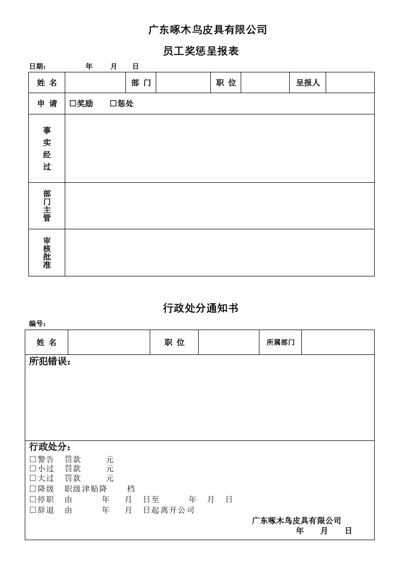 附表（员工奖惩表-行政处分通知书）