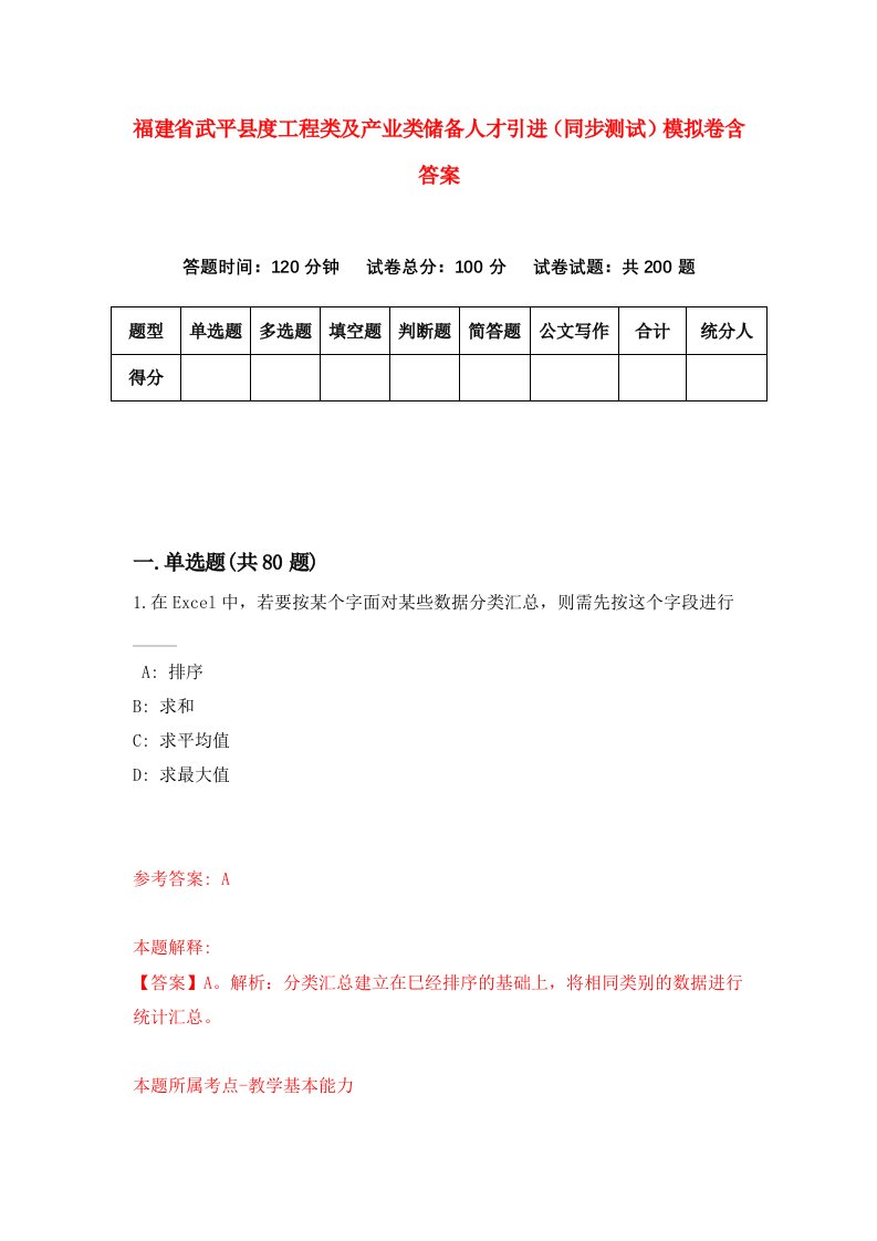 福建省武平县度工程类及产业类储备人才引进同步测试模拟卷含答案1