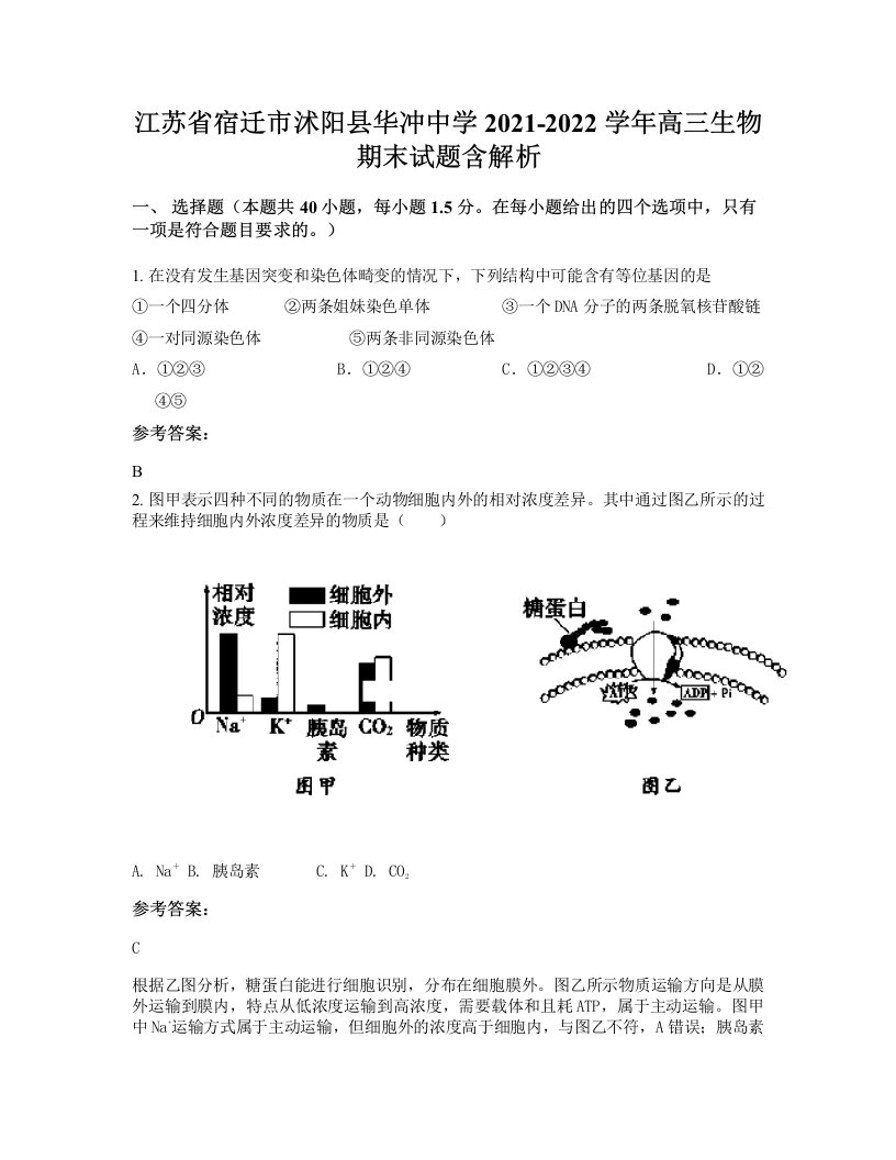 江苏省宿迁市沭阳县华冲中学2021-2022学年高三生物期末试题含解析