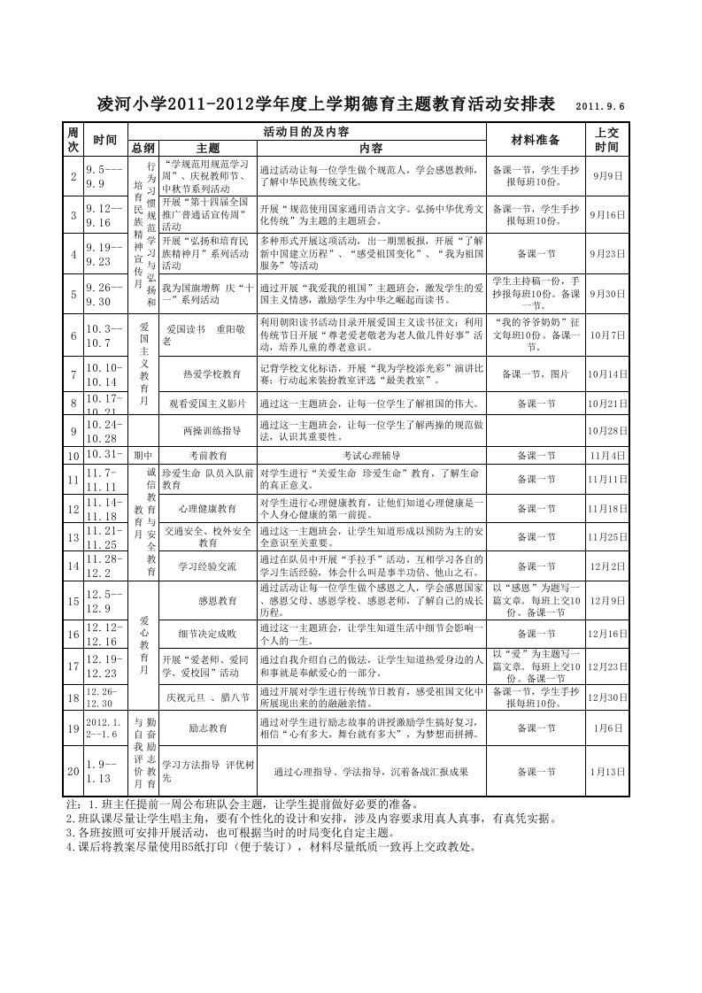 德育主题教育活动安排表