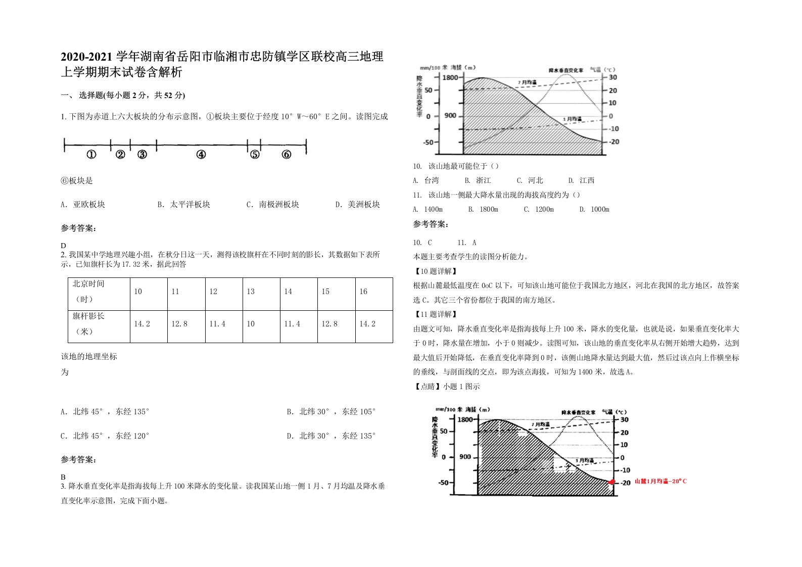 2020-2021学年湖南省岳阳市临湘市忠防镇学区联校高三地理上学期期末试卷含解析