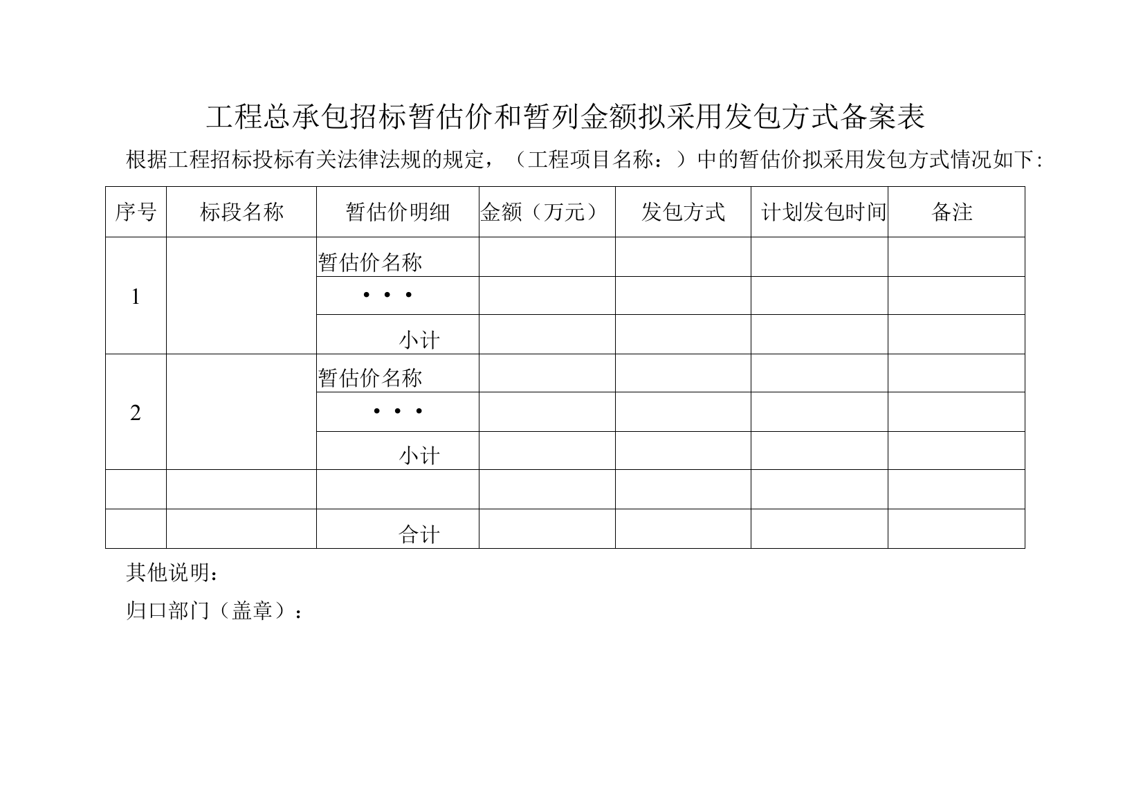 工程总承包招标暂估价和暂列金额拟采用发包方式备案表