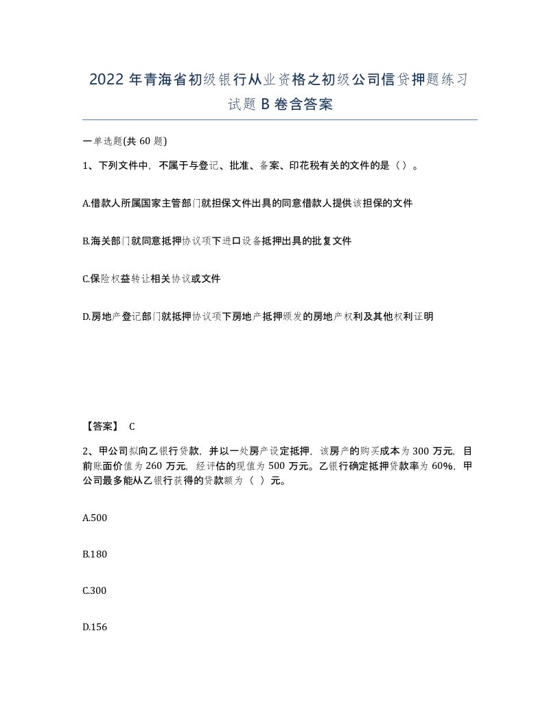 2022年青海省初级银行从业资格之初级公司信贷押题练习试题B卷含答案