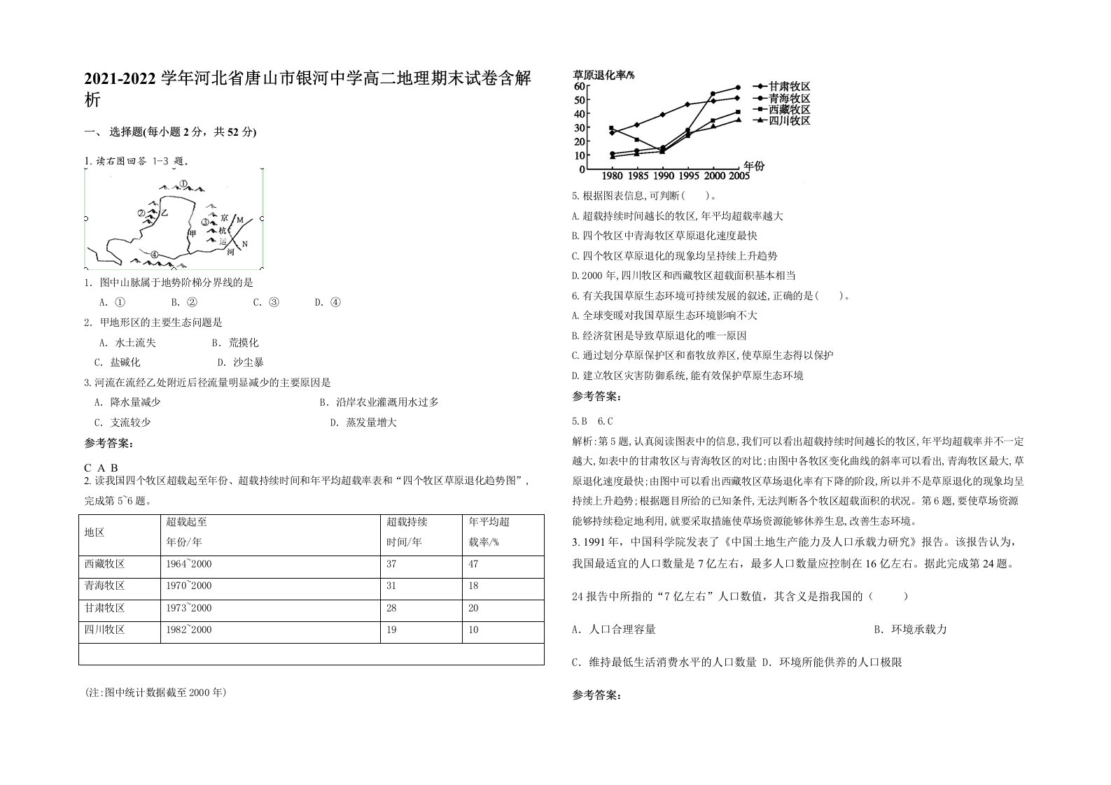 2021-2022学年河北省唐山市银河中学高二地理期末试卷含解析