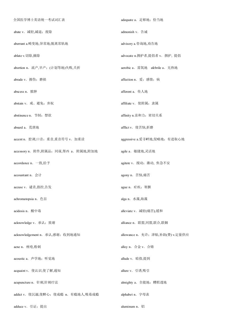 医学考博英语词汇汇总