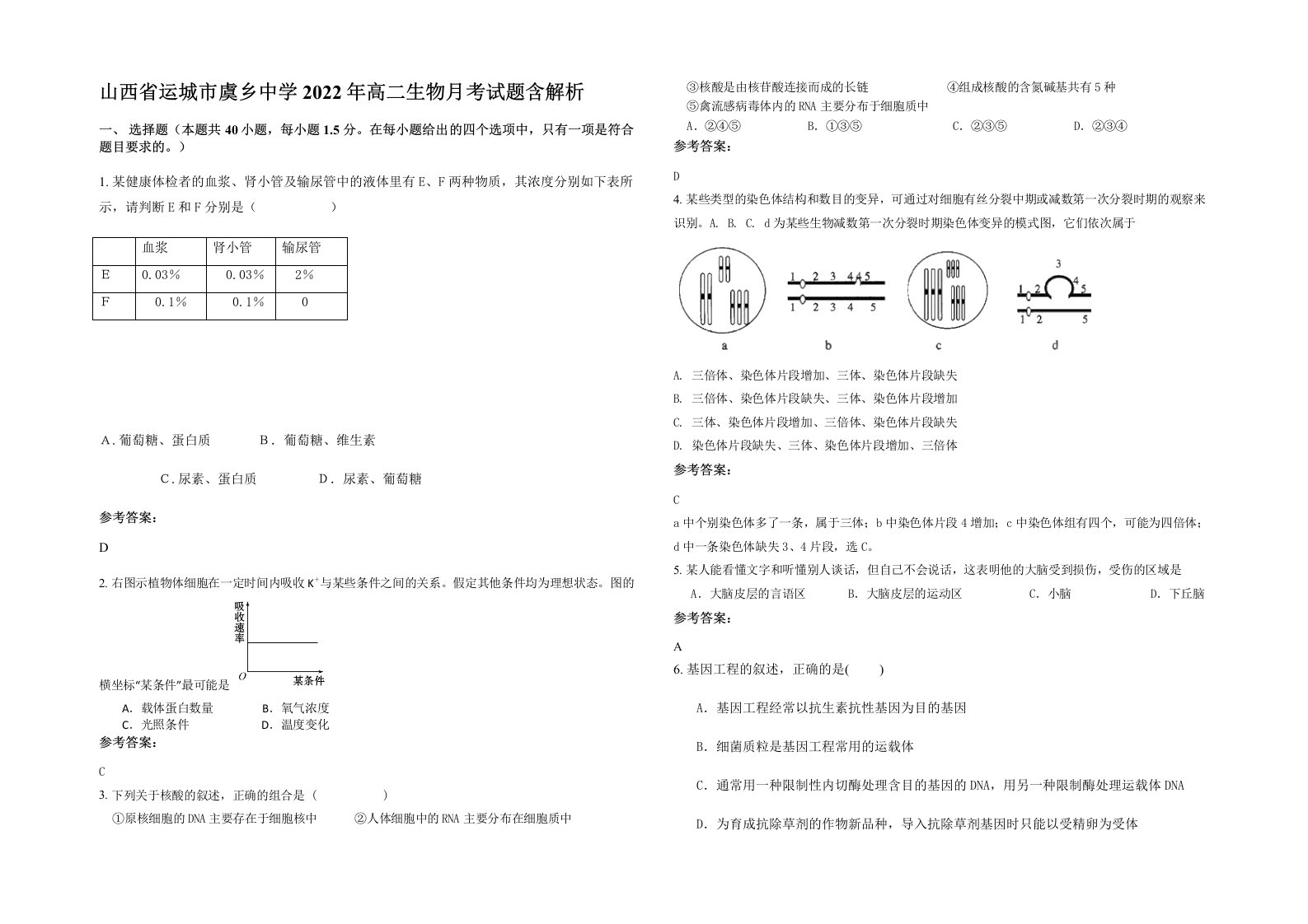 山西省运城市虞乡中学2022年高二生物月考试题含解析