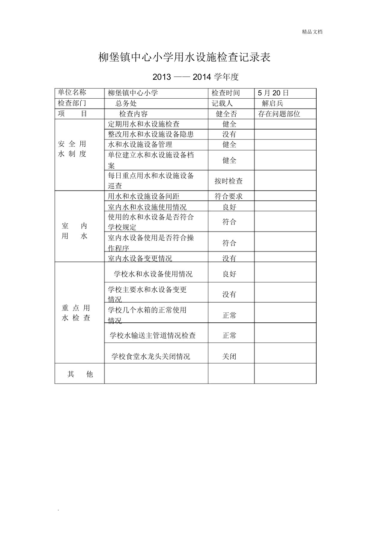 用水设施检查记录表