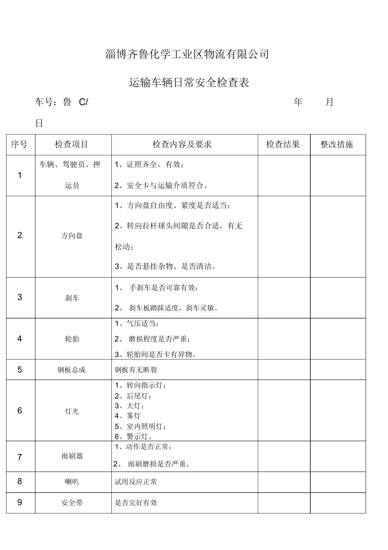 运输车辆日常检查表