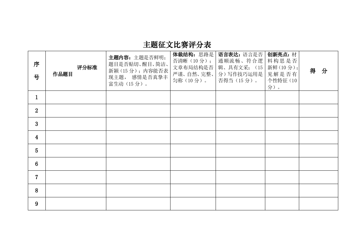 (完整word版)征文比赛评分表(word文档良心出品)