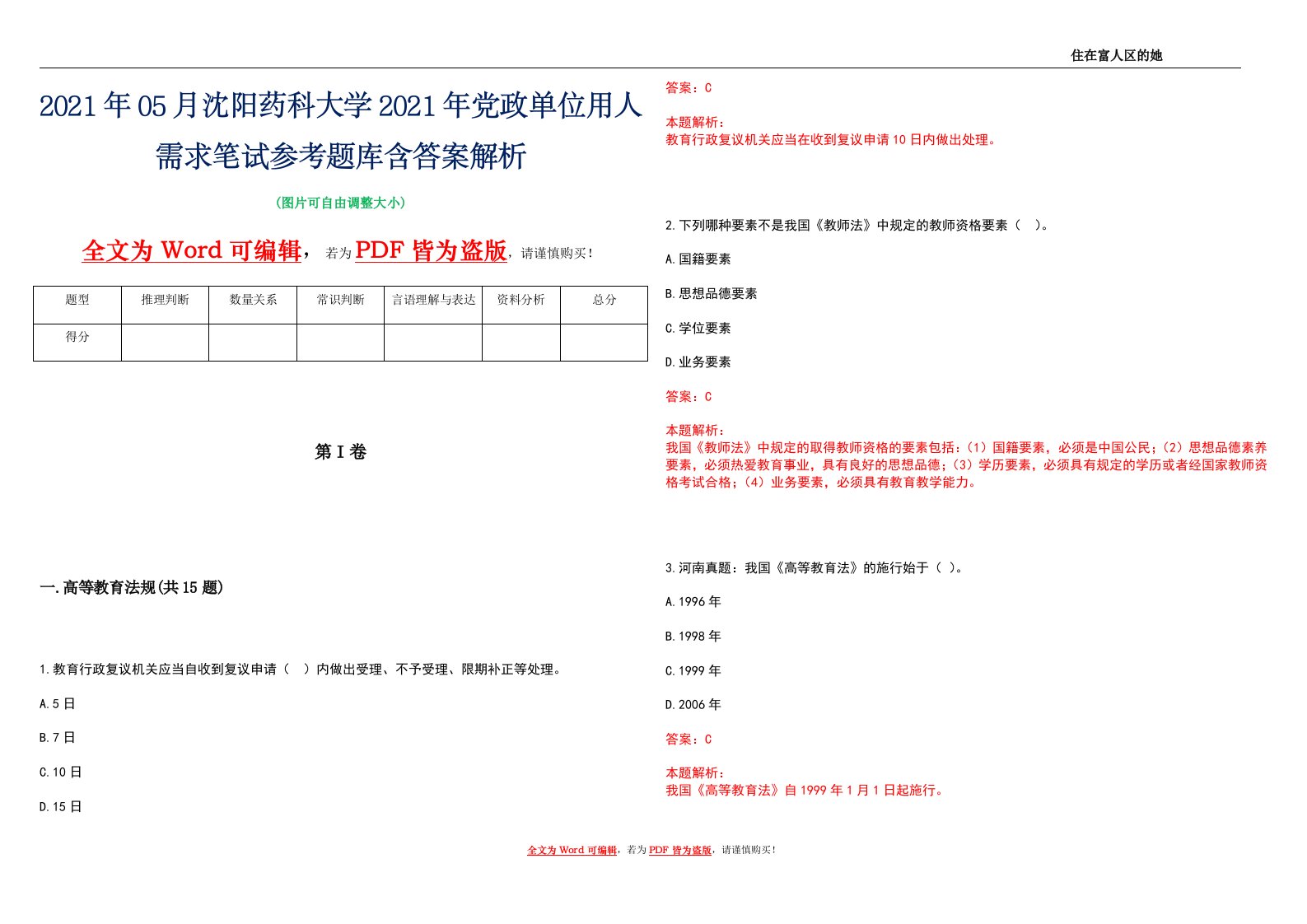 2021年05月沈阳药科大学2021年党政单位用人需求笔试参考题库含答案解析