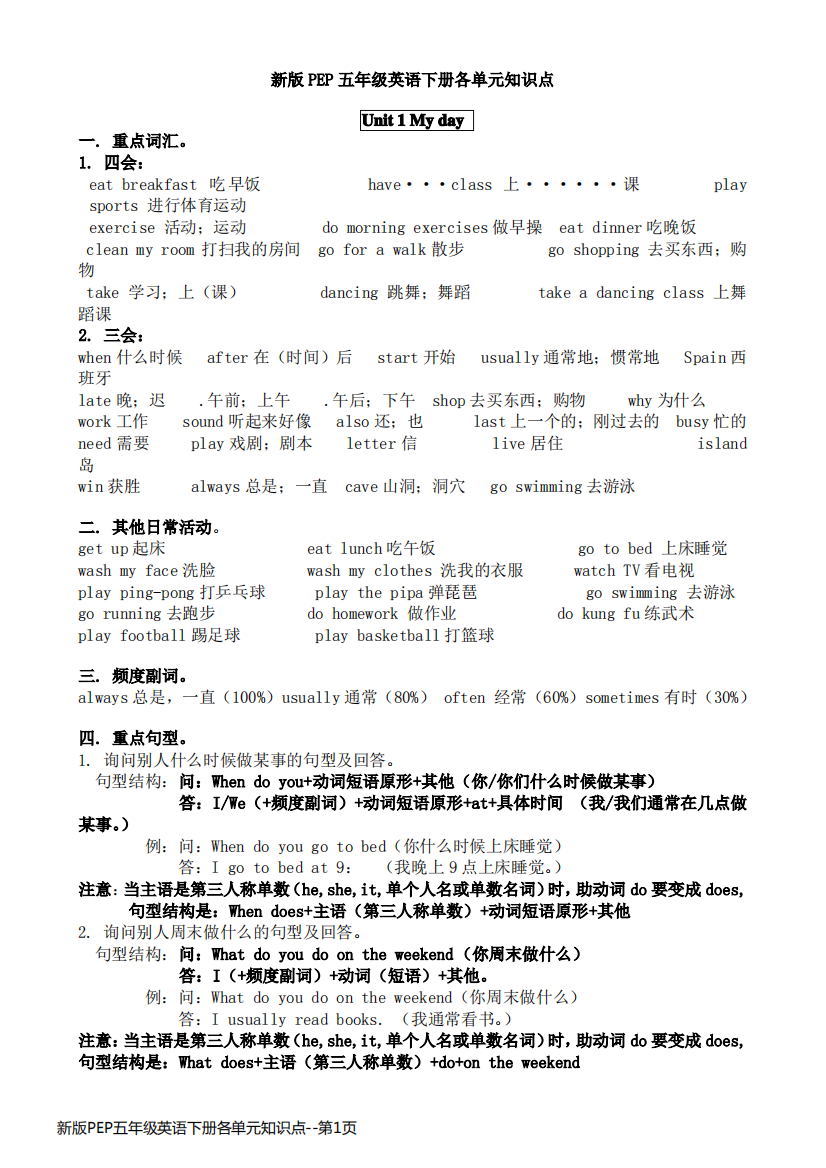 新版PEP五年级英语下册各单元知识点