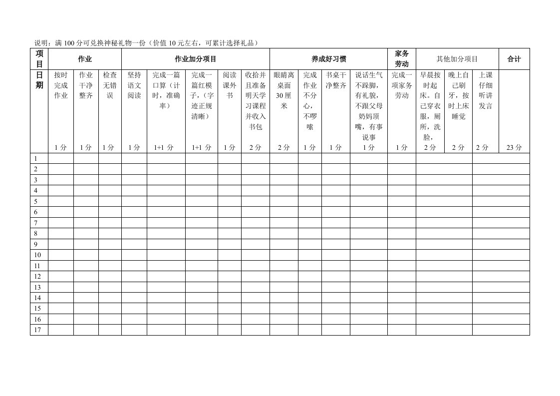 小学生家庭积分表