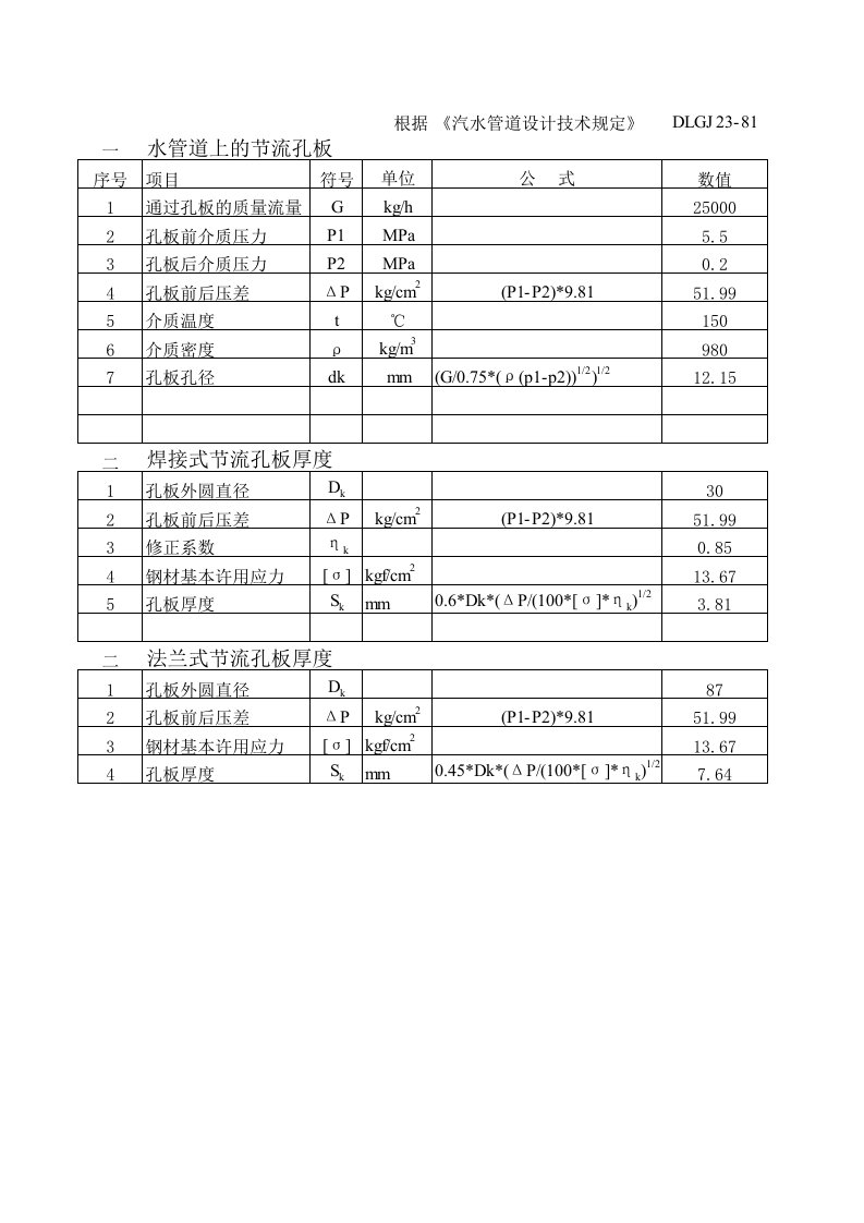 节流孔板孔径计算