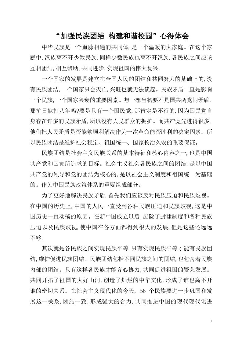 加强民族团结，构建和谐校园心得体会