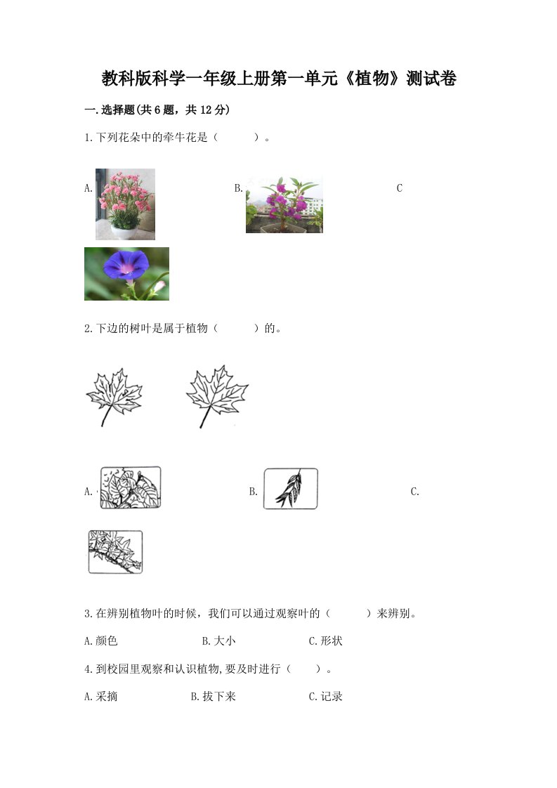 教科版科学一年级上册第一单元《植物》测试卷含完整答案（历年真题）