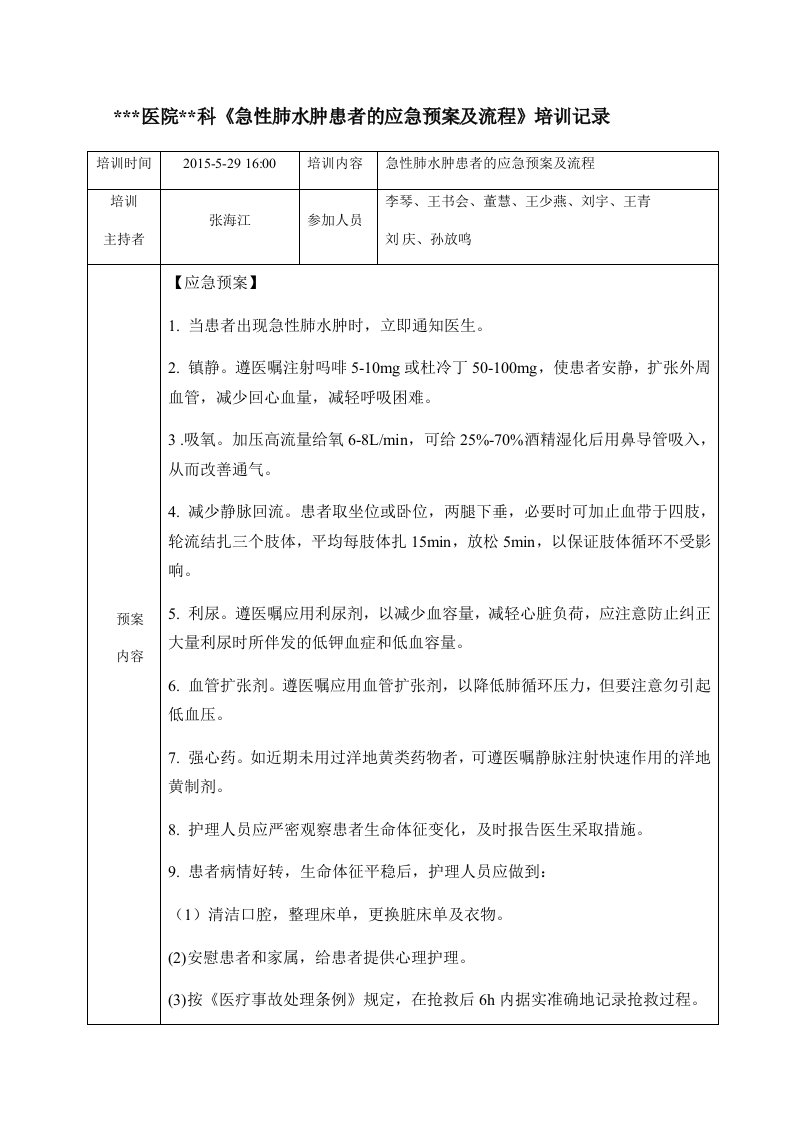 医院应急预案汇编-医院应急演练培训记录示例急性肺水肿