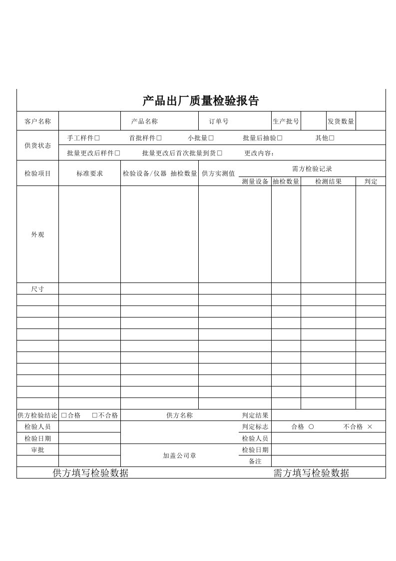 产品出厂质量检验报告单