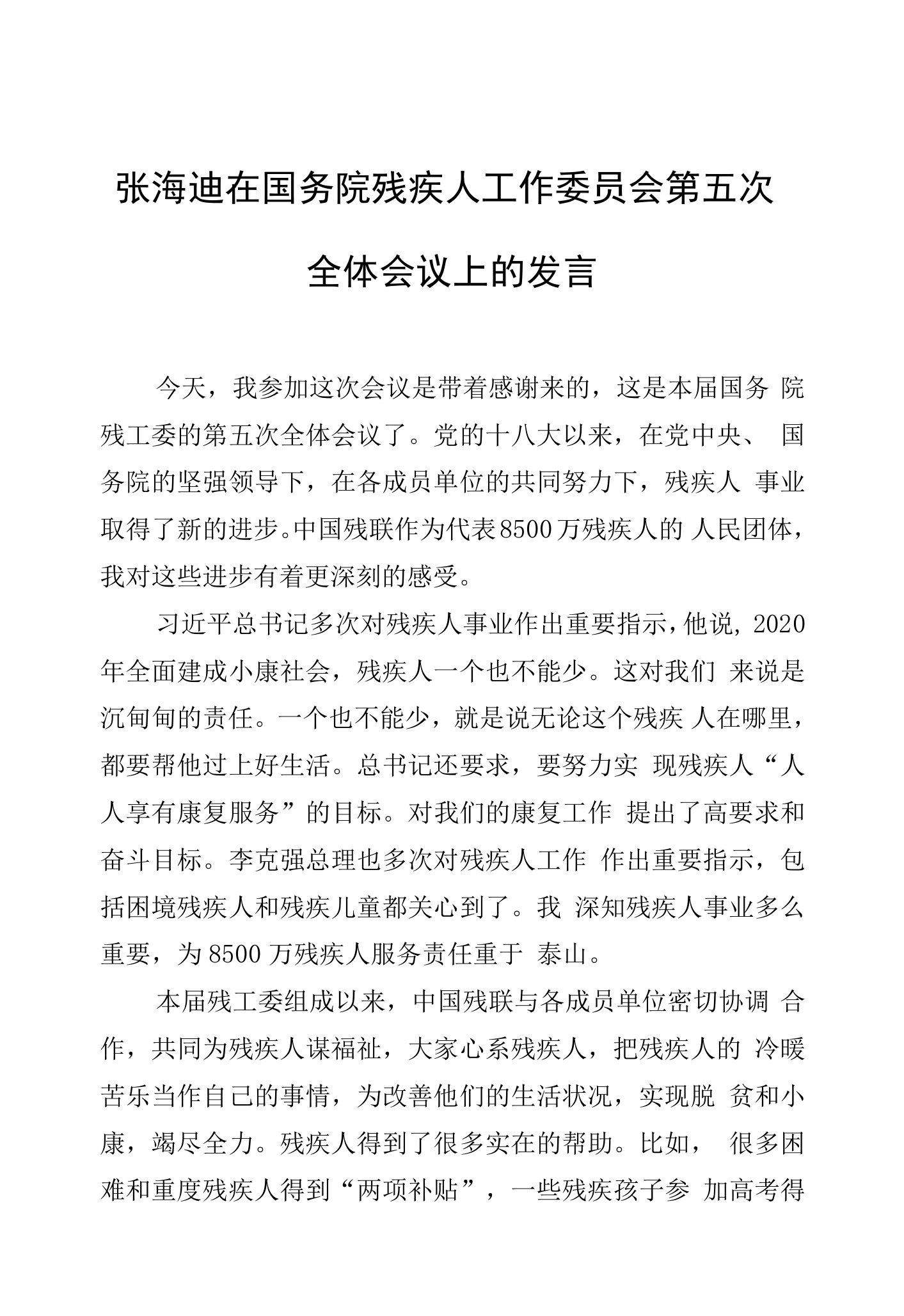 张海迪：在国务院残疾人工作委员会第五次全体会议上的发言