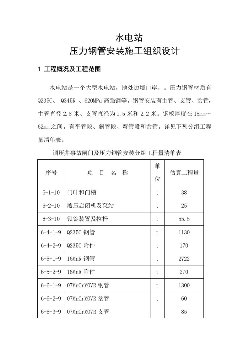 大型水电站压力钢管安装施工组织设计附示意图