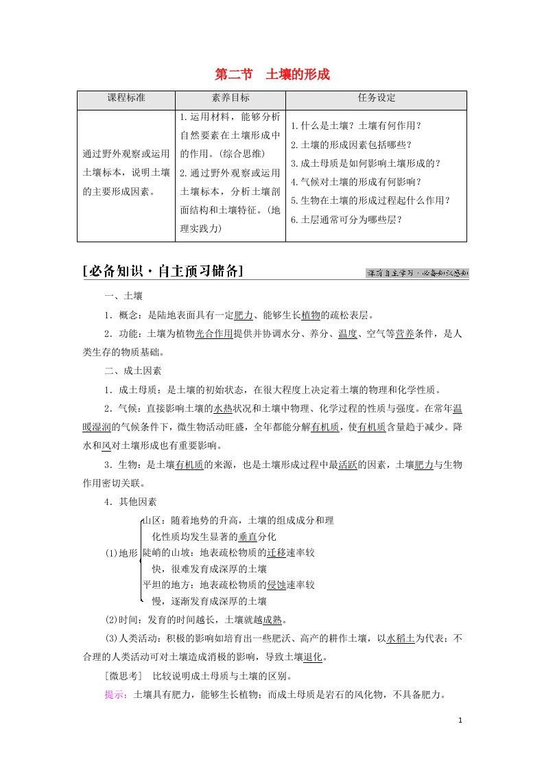 2021_2022学年新教材高中地理第5章地球上的植被与土壤第2节土壤的形成学案湘教版必修第一册