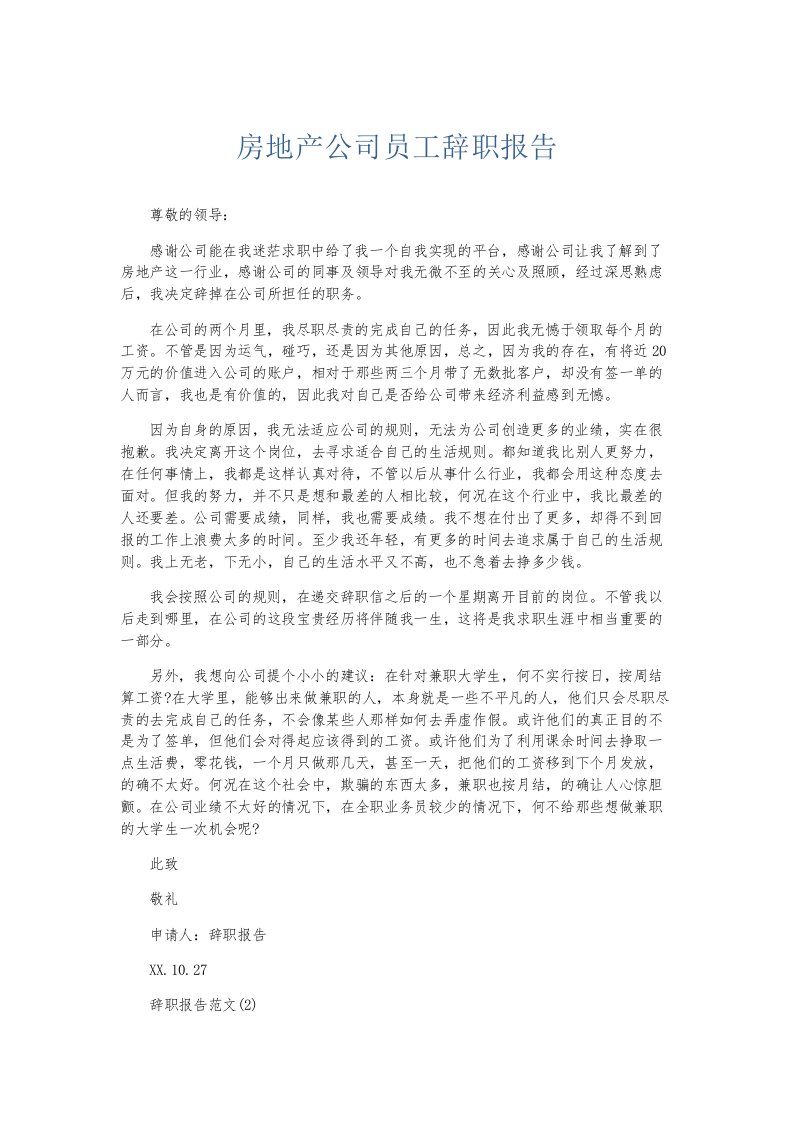 总结报告房地产公司员工辞职报告