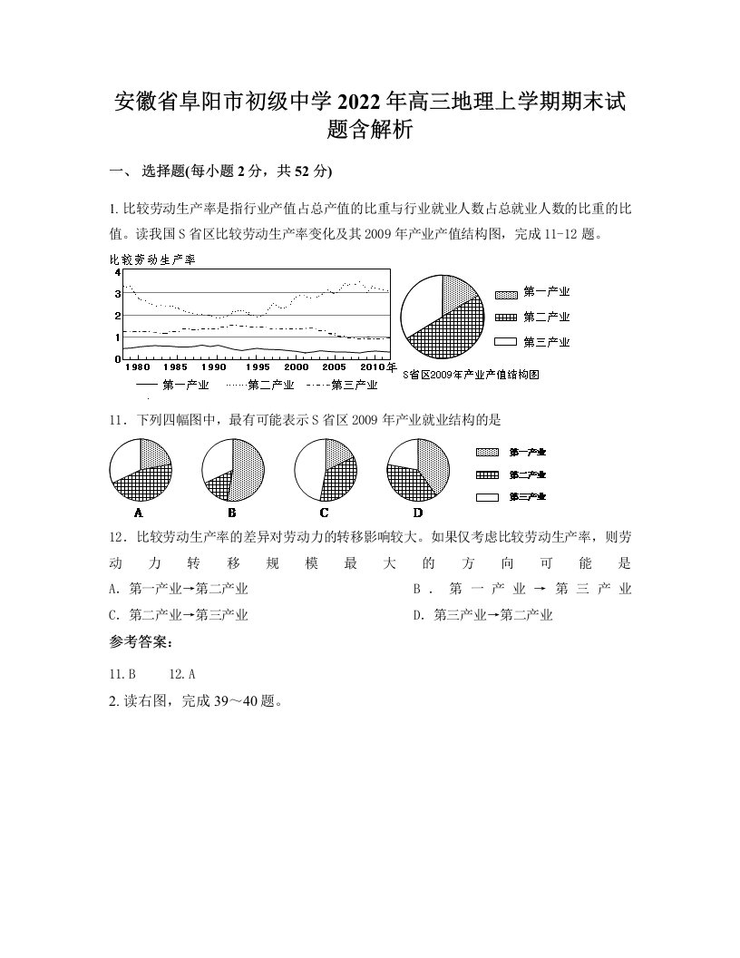 安徽省阜阳市初级中学2022年高三地理上学期期末试题含解析