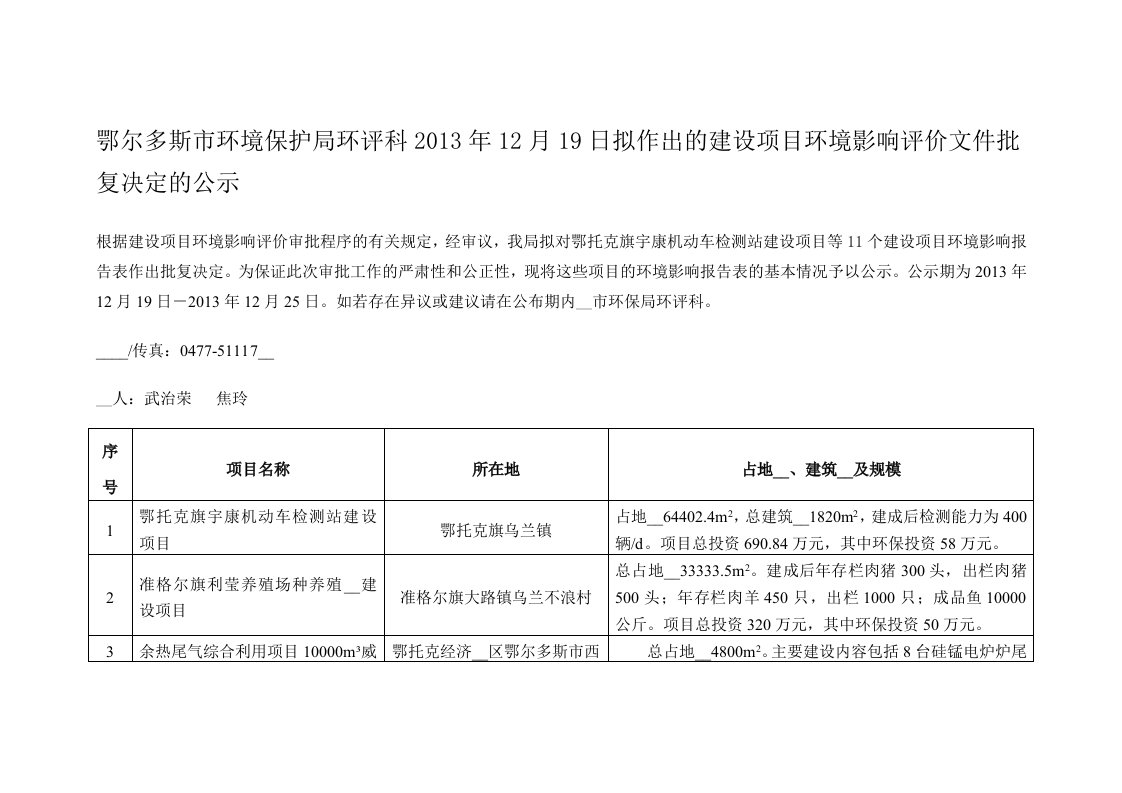 鄂尔多斯市环境保护局环评科2013年12月19日拟作出的建设