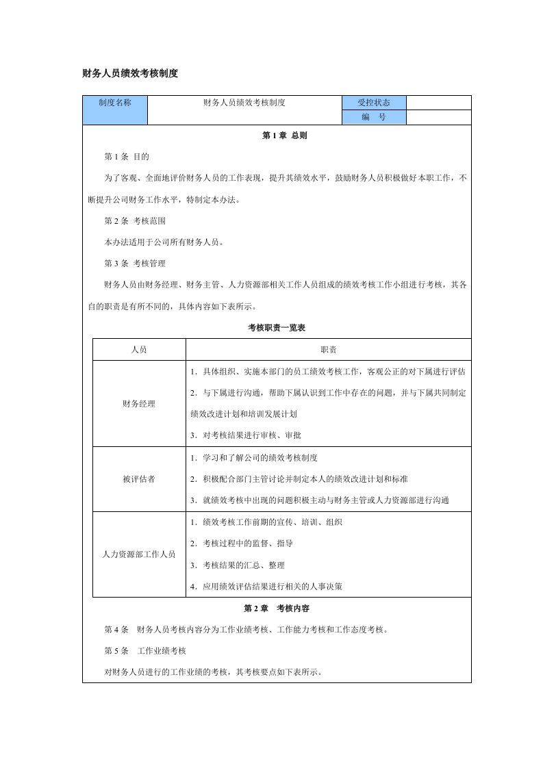 财务人员绩效考核制度