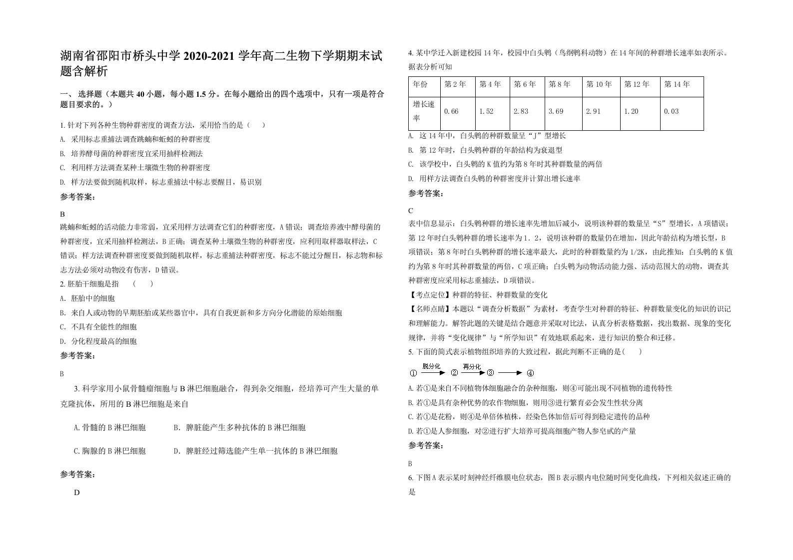 湖南省邵阳市桥头中学2020-2021学年高二生物下学期期末试题含解析