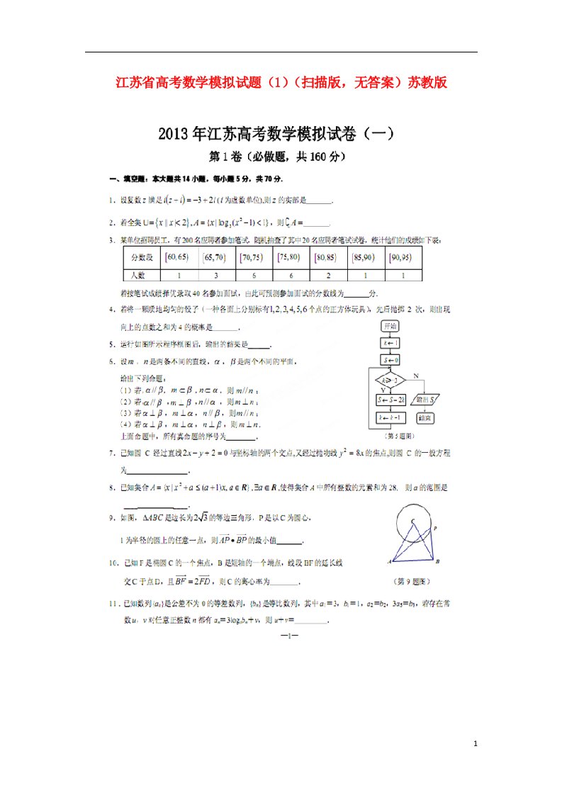 江苏省高考数学模拟试题（1）（扫描版，无答案）苏教版