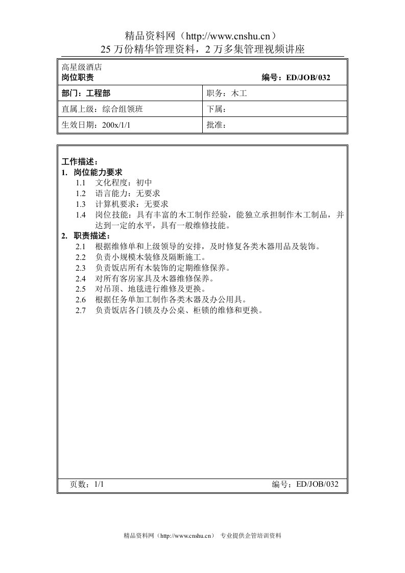 高星级酒店工程部木工岗位职责(2)