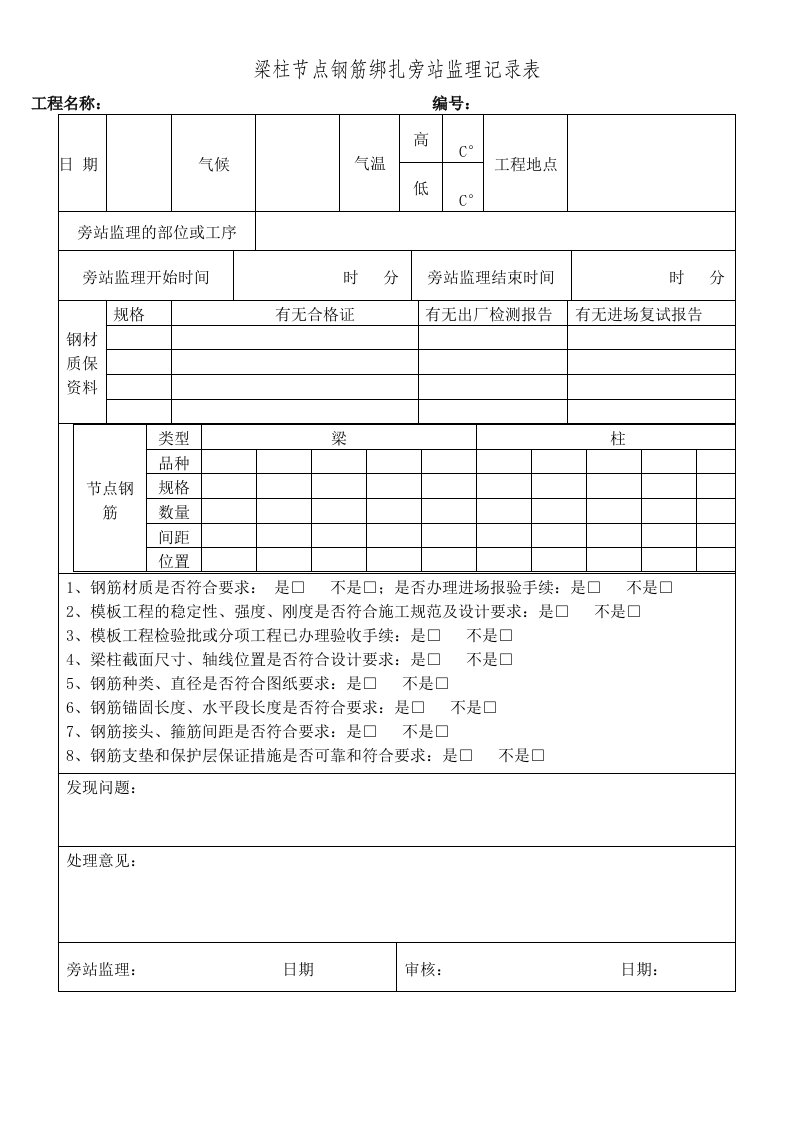 梁柱节点钢筋绑扎旁站监理记录表