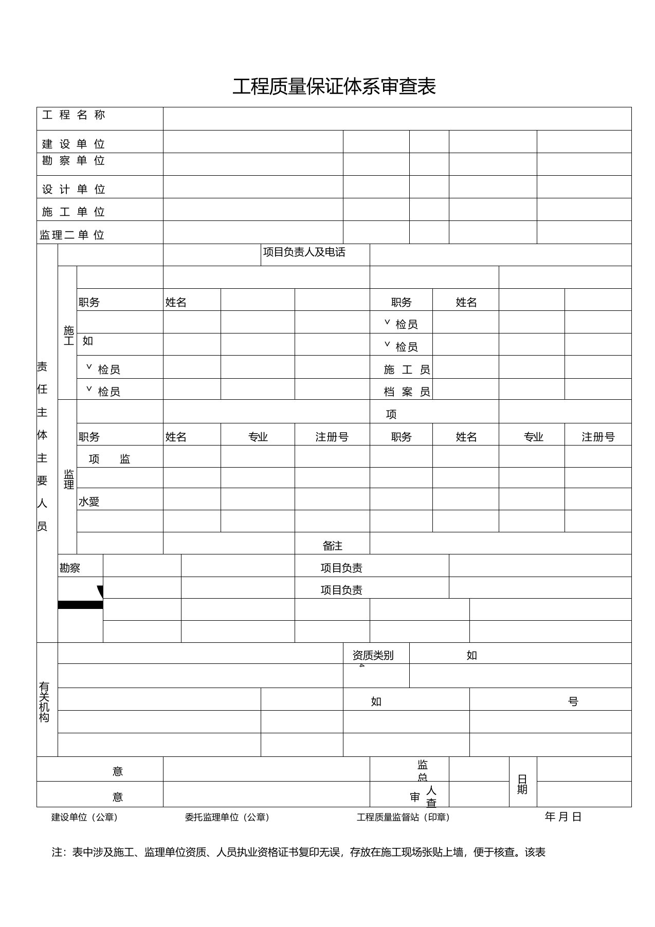 建设工程质量保证体系审查表