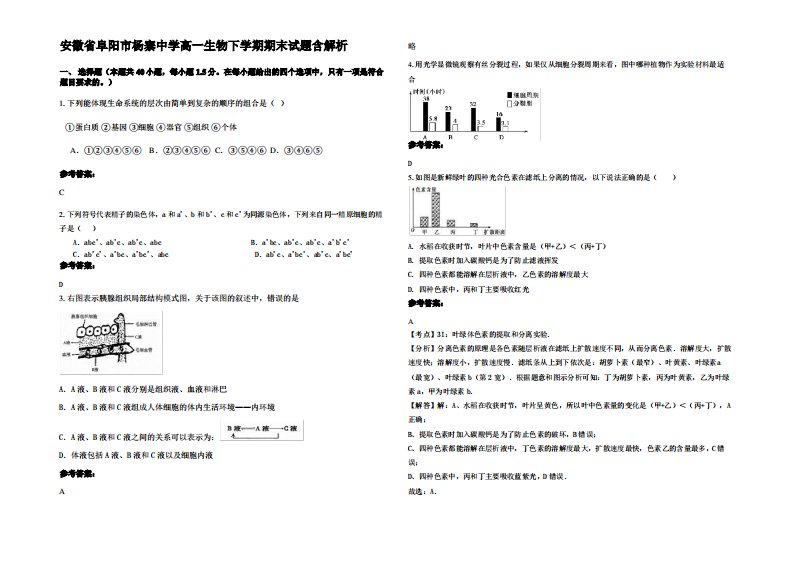 安徽省阜阳市杨寨中学高一生物下学期期末试题含解析