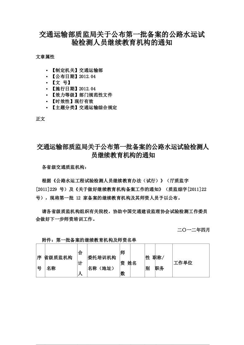 交通运输部质监局关于公布第一批备案的公路水运试验检测人员继续教育机构的通知