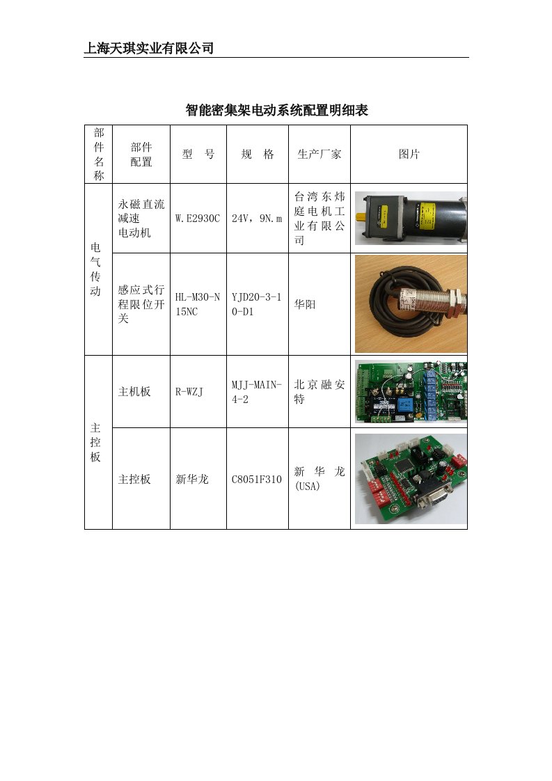 智能密集架电动系统配置明细表