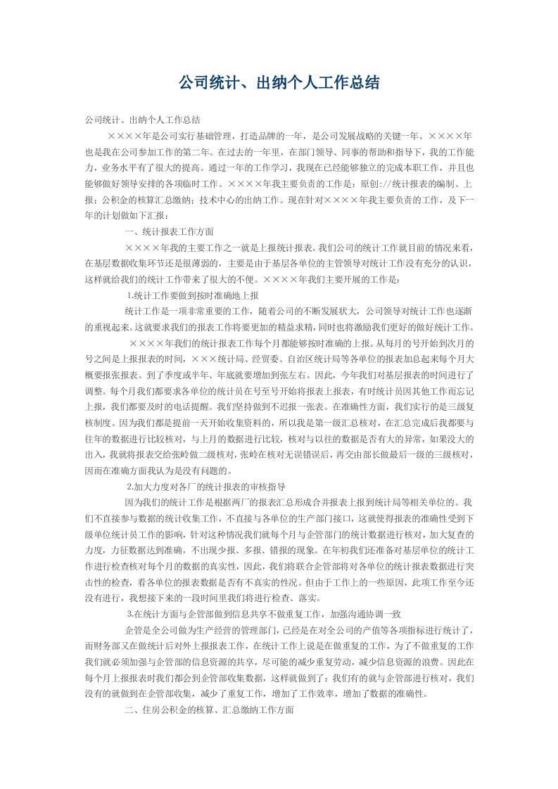 公司统计、出纳个人工作总结