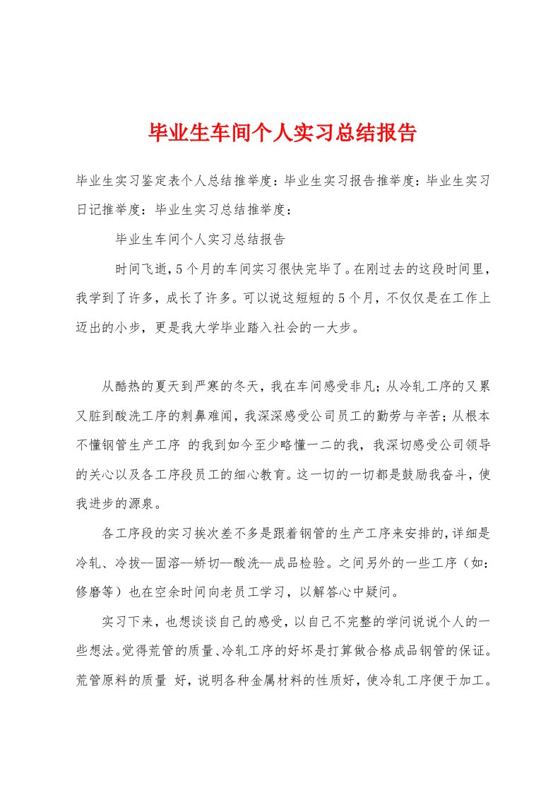 毕业生车间个人实习总结报告