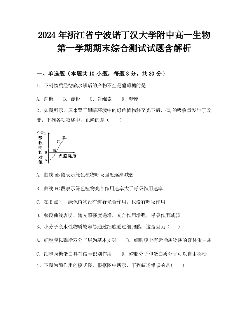 2024年浙江省宁波诺丁汉大学附中高一生物第一学期期末综合测试试题含解析